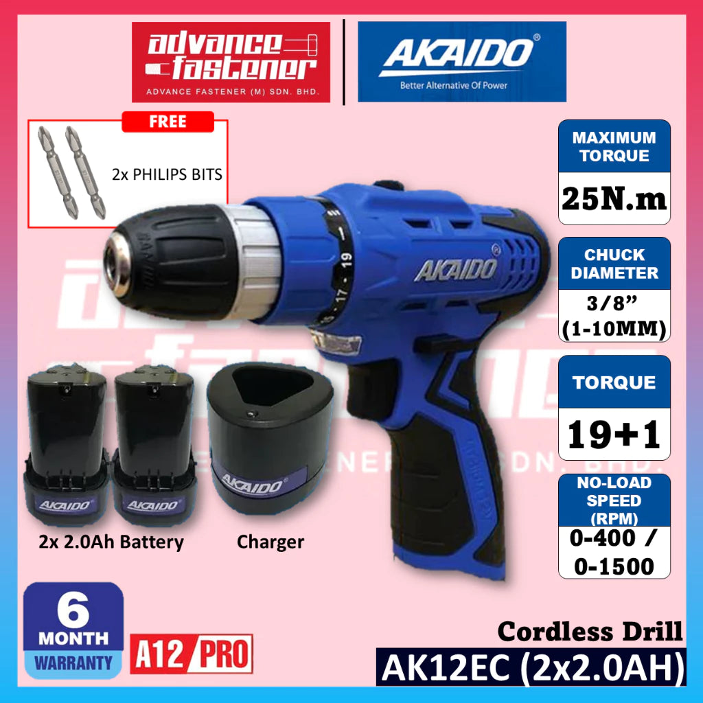 AKAIDO AK12EC A12PRO 12V Cordless Drill 25Nm (3 pcs 2.0Ah Battery & 1 pc Charger) (6 Ｍonth Warranty)