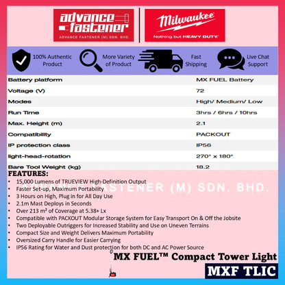 Milwaukee MXF TLIC-0 MX FUEL™ Compact Tower Light 15,000 Lumens
