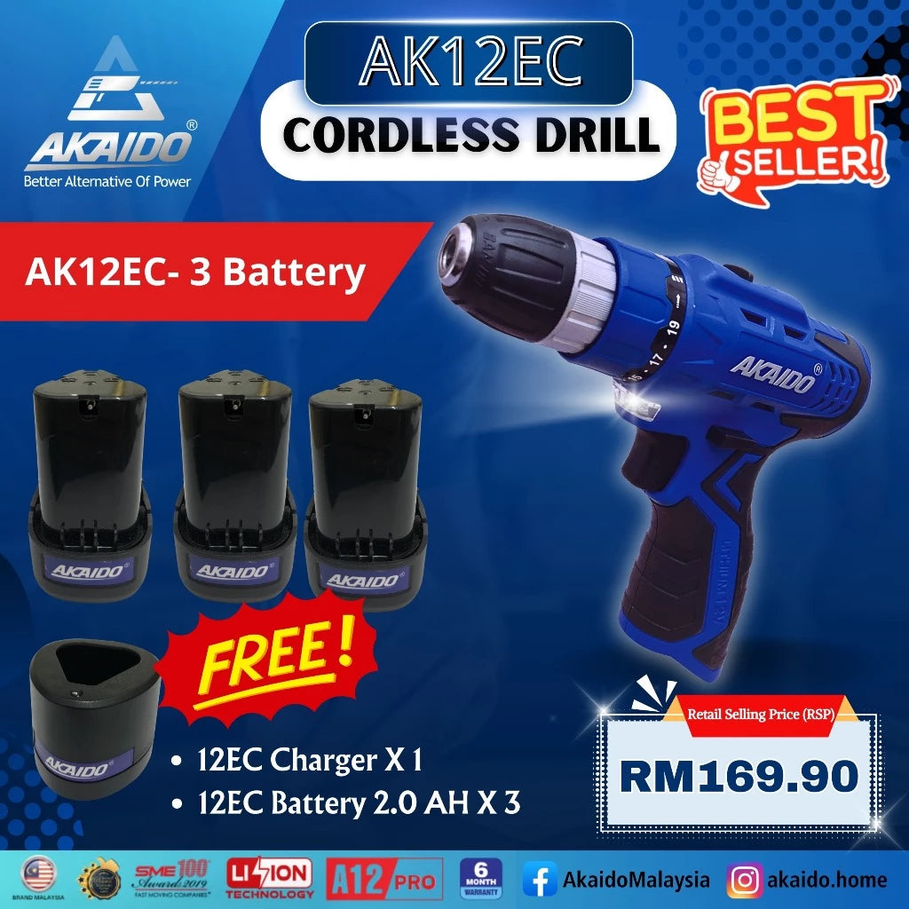AKAIDO AK12EC A12PRO 12V Cordless Drill 25Nm (3 pcs 2.0Ah Battery & 1 pc Charger) (6 Ｍonth Warranty)