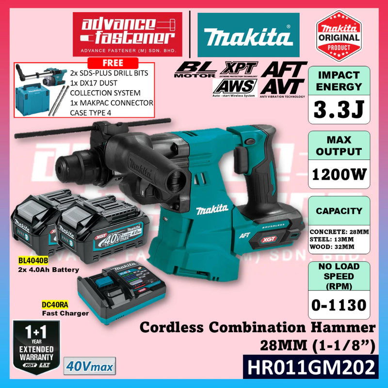 MAKITA HR011GM202 / HR011GZ 40Vmax Cordless 3-Modes Combination Hammer 28MM (1-1/8