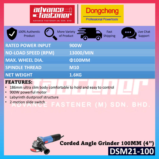 DONG CHENG DSM21-100 Corded Angle Grinder 100MM (4") 900W | Slide Switch Slim Body