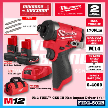 Milwaukee FID2-251B / FID2-0 M12 FUEL™ GEN III Hex Impact Driver 1/4”