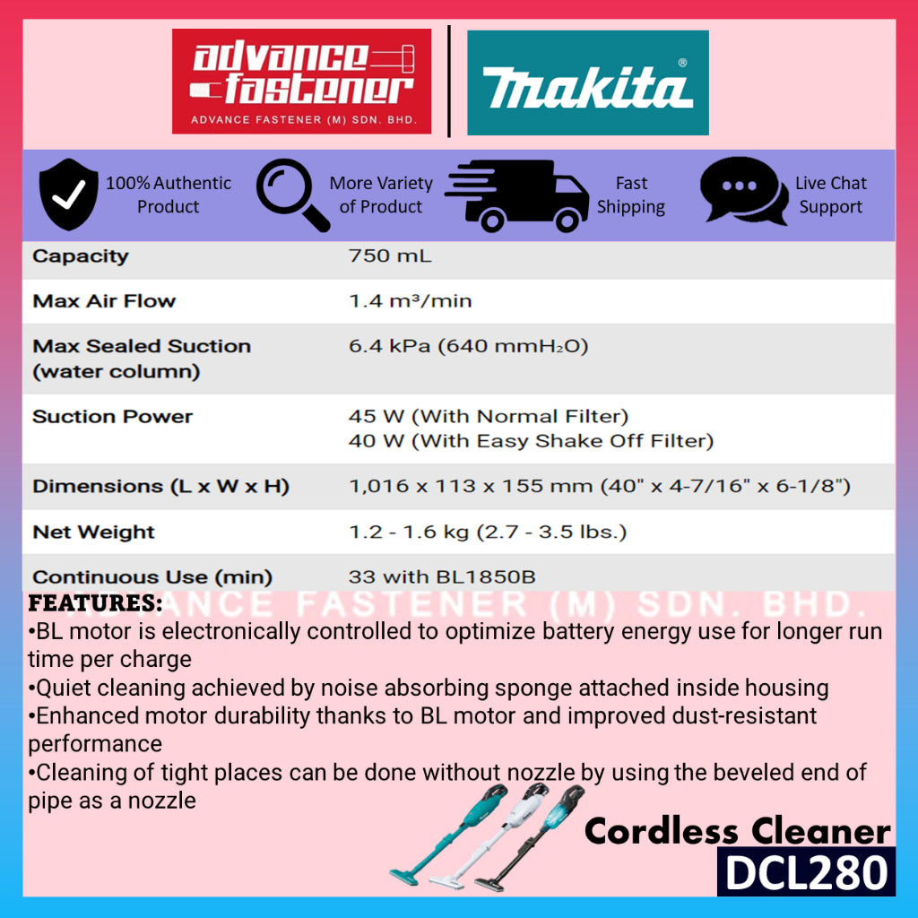 Makita 18V LXT Cordless Combo ( DCL280 / DVC862 18V x2 Brushless Vacuum Cleaner Wet & Dry )