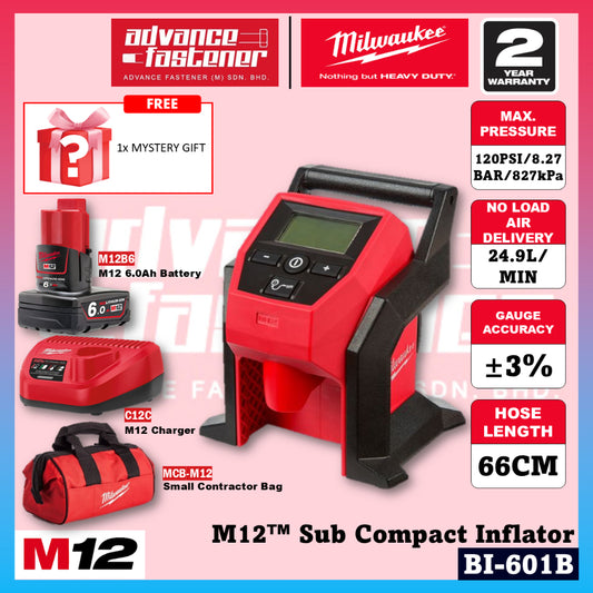 Milwaukee BI-601B / BI-0 M12™ Sub Compact Inflator 8.27 Bar / 120PSI