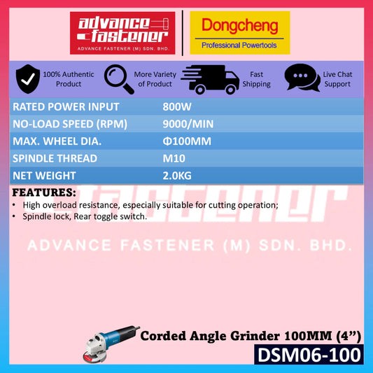 DONG CHENG DSM06-100 Corded Angle Grinder 100MM (4") 800W | Toggle Switch