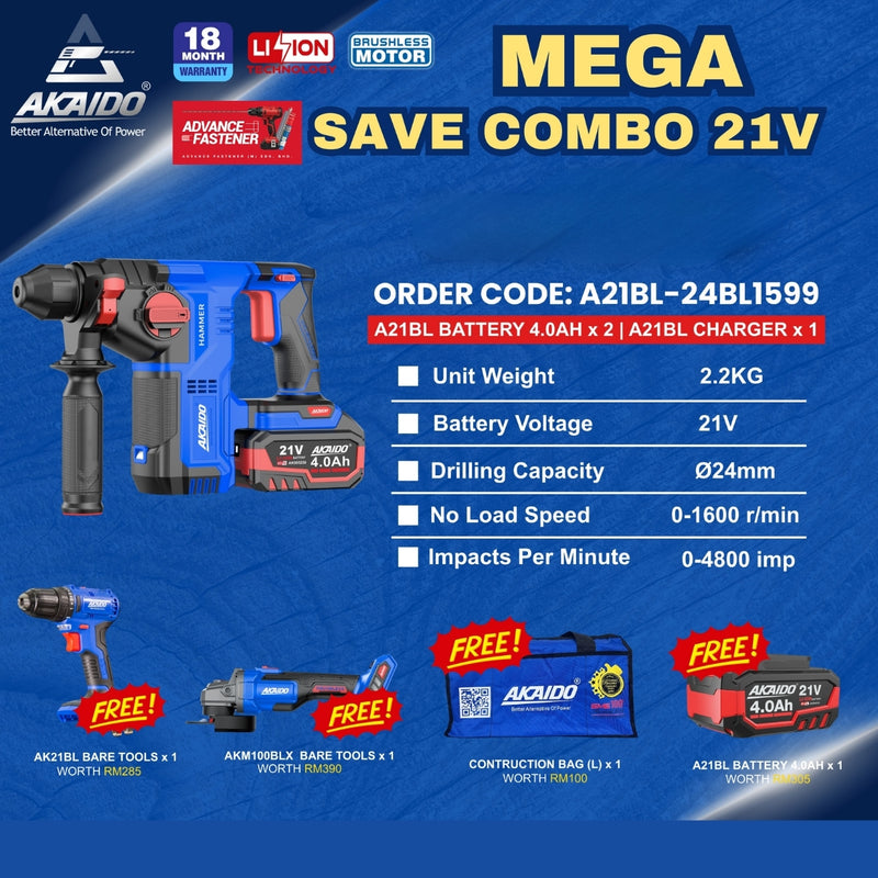 AKAIDO AKMD24BL 21V MEGA SAVE COMBO Set 3-in-1 Rotary Hammer + FREE AKM100BLX-B Cordless Angle Grinder & AK21BL-10MM-B Cordless Drill