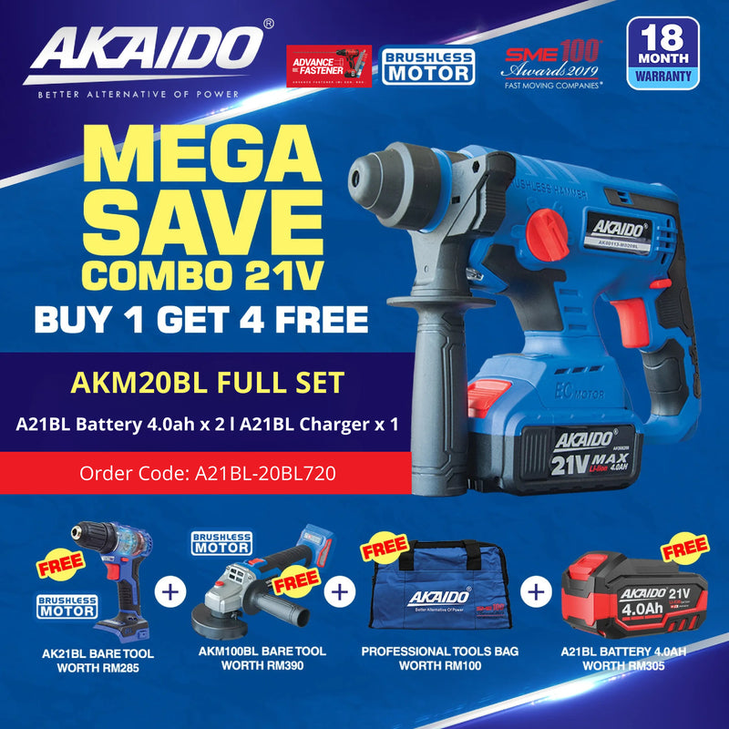 AKAIDO 21V MEGA SAVE COMBO Set AKMD20BL 3-in-1 Brushless Cordless Rotary Hammer + FREE AKM100BLX 100MM Angle Grinder & AK21BL 10MM Cordless Drill