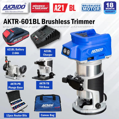 AKAIDO AKTR-601BL 21V Brushless Cordless Trimmer Router Combo Set *FOC 12pcs Router Bits
